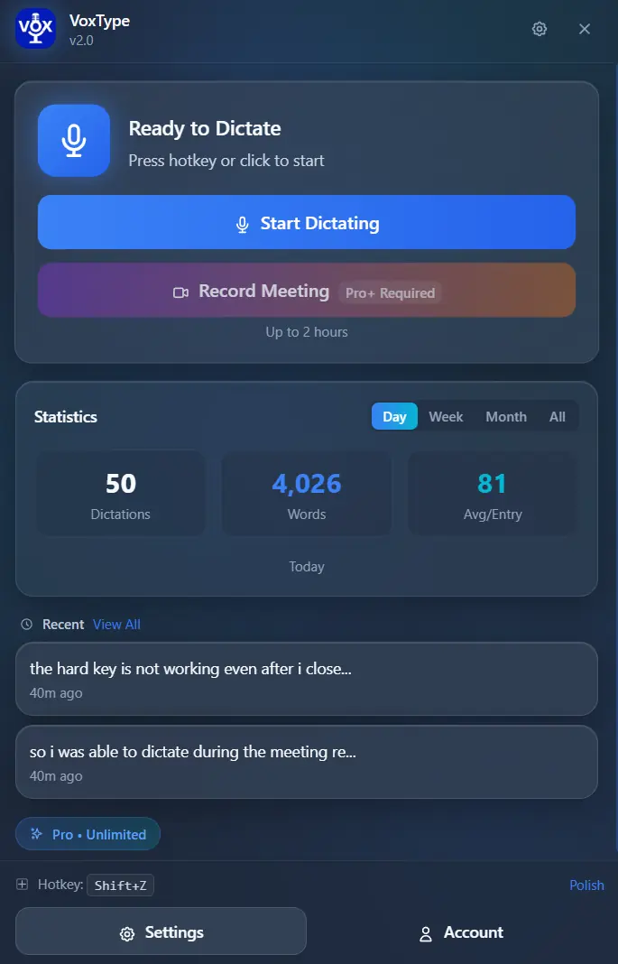 VoxType Desktop with Record Meeting Button